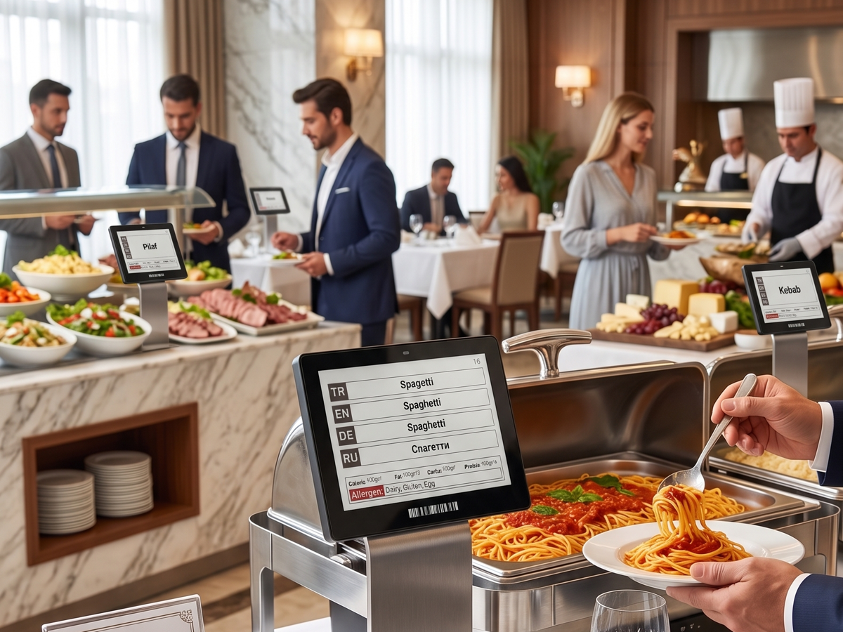 Otel buffet alanında kullanılan ESL dijital yemek isimlikleri